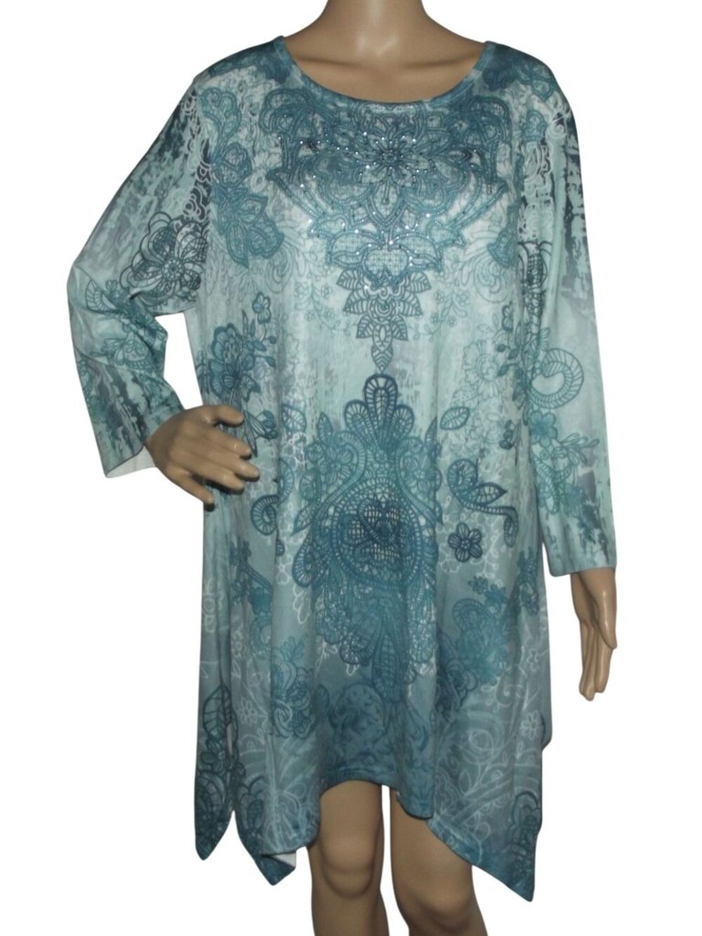 Indigo Soul Dress Womens Large Teal rhinestone tunic sharkbite hanky hem boho